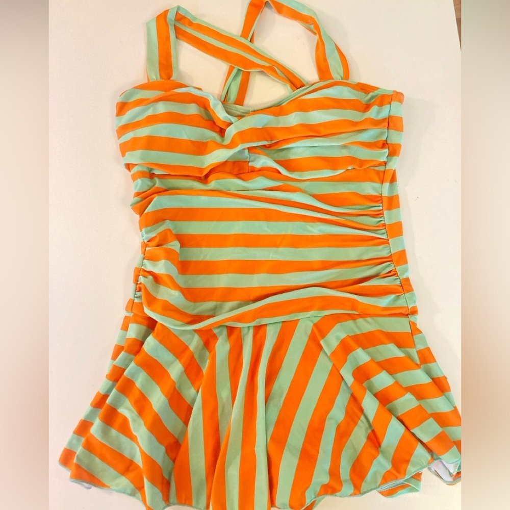 Retro Green & Orange Stripe Swimsuit one piece shorts with skirt crossback strap